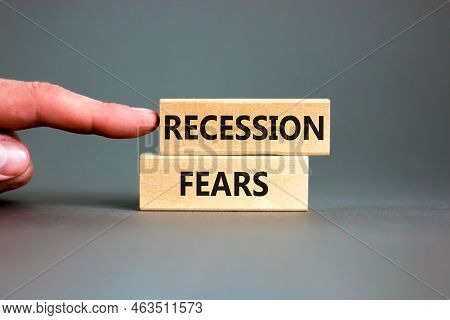 Recession Fears Symbol. Concept Words Recession Fears On Wooden Blocks On A Beautiful Grey Table Gre
