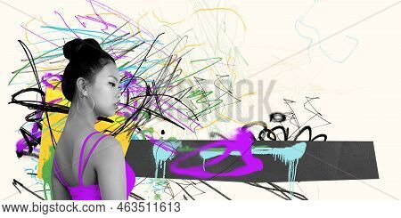 Unmanageable Rhythm Of Life, Speed Of Decision-making. Young Girls Portrait With Colorful Bright Abs