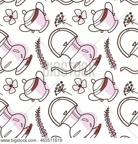 Contur And Spot Vector Seamless Pattern On The Cups And Teapot