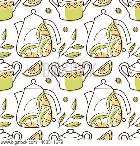 Contur And Spot Vector Seamless Pattern On The Cups And Teapot