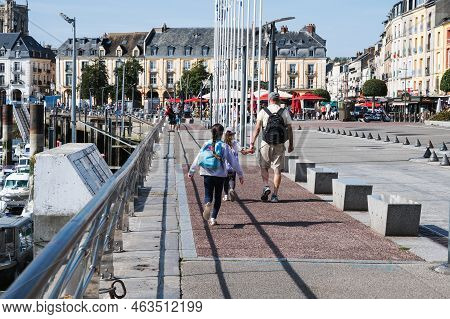 Dieppe, France - August 29 2022: Tourists Walking In The Harbour In Dieppe, Fishing Port On The Norm