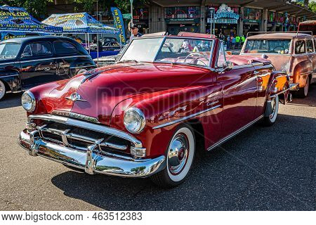 Falcon Heights, Mn - June 19, 2022: High Perspective Front Corner View Of A 1952 Plymouth Cranbrook 