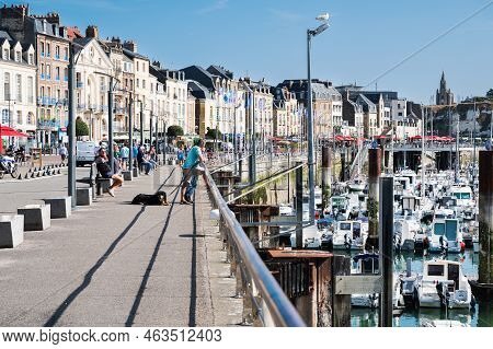 Dieppe, France - August 29 2022: Houses, Cafes, Boats In The Harbour In Dieppe, Fishing Port On The 