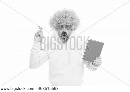 Superstitious Idea. Superstitious Man Hold Book. Keeping Fingers Crossed For Luck