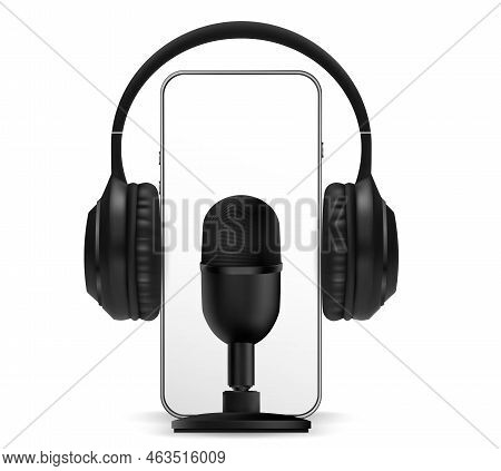 Podcast Icon. Audio Equipment With Microphone, Sound Headphones, Podcast Application On Mobile Smart