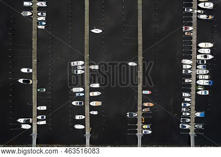 Aerial Drone Scenery Of Fishing Boats Moored At The Marina. Kuopio Finland