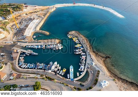 Drone Aerial Fishing Boats Moored In The Harbour. Pernera Protaras Cyprus.