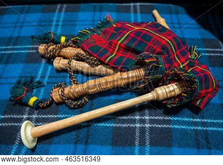 Symbols Of Scotland - Wollen Tartan Textile And Handmade Musical Instrument Bagpipes