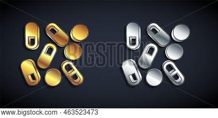 Gold And Silver Medical Pill Bottle Biohacking Icon Isolated On Black Background. Pharmacy Biohackin