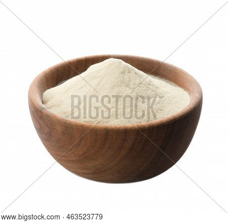 Wooden Bowl Of Agar-agar Powder Isolated On White
