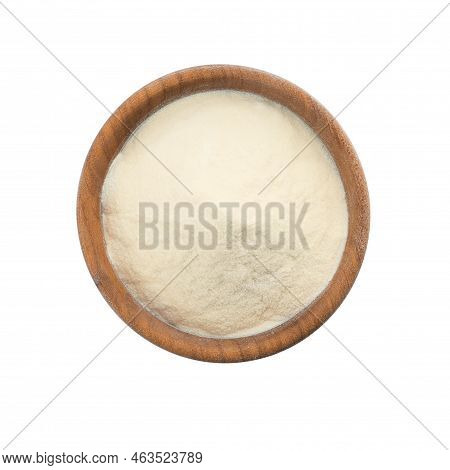 Wooden Bowl Of Agar-agar Powder Isolated On White, Top View