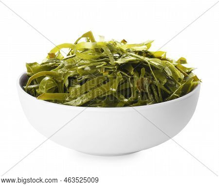 Fresh Laminaria (kelp) Seaweed In Bowl Isolated On White