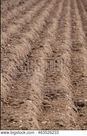 The Newly Ploughed Furrows On A Farmers Field.