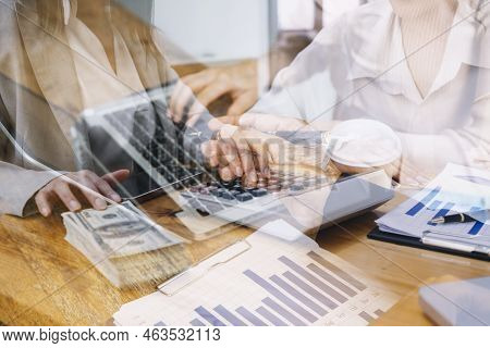 Businesswoman Hand Working With Laptop Computer, Tablet And Smart Phone In Modern Office With Virtua