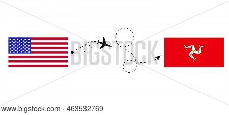 Flight And Travel From Usa To Isle Of Mann By Passenger Airplane. Airplane Route And Country Flags. 
