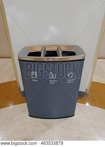 Recycle Bin With Separate Icons At Shopping Mall, Trash Container With Icon To Separate The Trash.