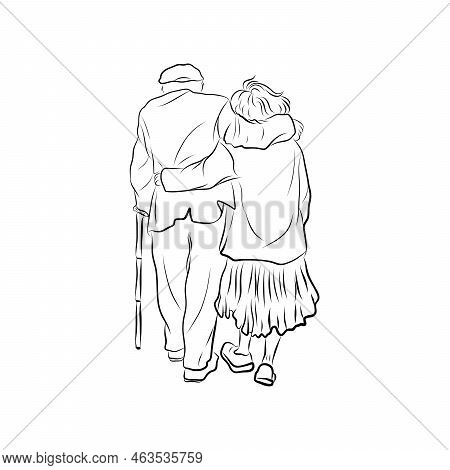 Happy Grandparents In Love. Eldery Couple. View From The Back. Vector Illustration