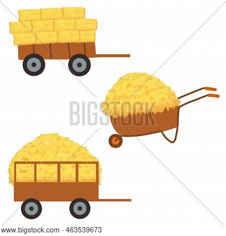Agricultural Haycock In The Trailer And Wheelbarrow In Cartoon Flat Style, Rural Hay Rolled Stack, D