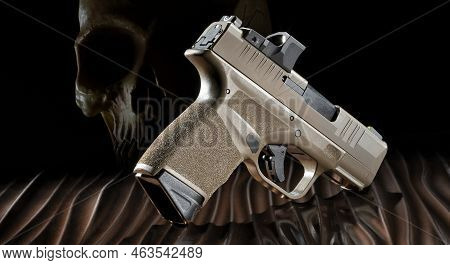3d Illustration Of A Pistol With Skull Behind For A Ghost Gun On A Copper Surface