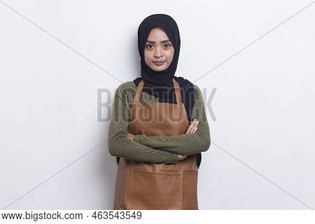 Asian Muslim Woman Barista Waitress Wearing Apron With Ok Sign Gesture Tumb Up Isolated On White Bac