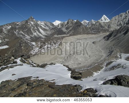 Nuptse-Gletscher, Moränen und Peak Pumo Ri