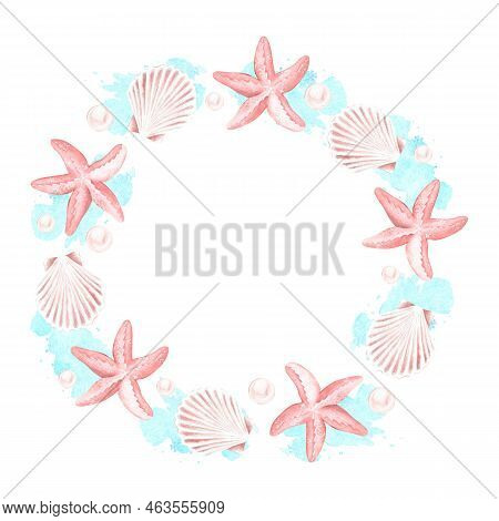 Wreath Of Pink Shells, Starfish And Pearls. On Blue Watercolor Spots. Watercolor Illustration. Place
