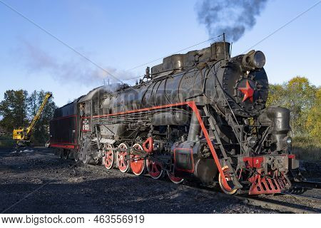 Sortavala, Russia - October 09, 2022: Old Soviet Steam Locomotive L-3051 On The Sortavala Station On
