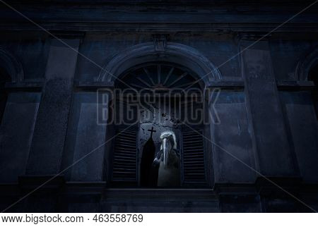 Lesser Adjutant Stork Bird Standing In Old Damaged Window With Wall Over Cross, Church And Spooky Cl