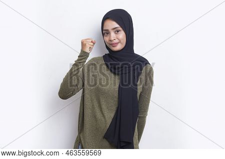 Asian Young Muslim Woman Happy And Excited Tumb Up Ok Expressing Big Success On White Background