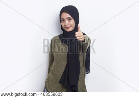 Asian Young Muslim Woman Happy And Excited Tumb Up Ok Expressing Big Success On White Background