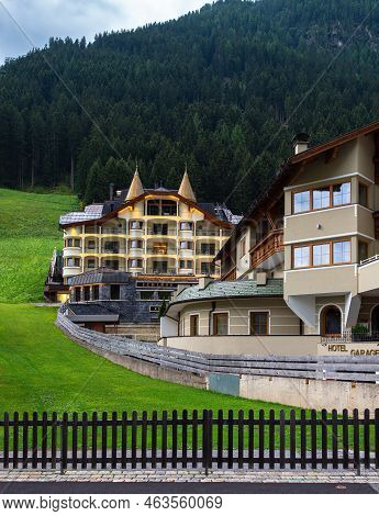 Ischgl, Austria - July 25, 2022: Ischgl, Austria - July 25, 2022: Hotels In Tourist Ski Resort Ischg