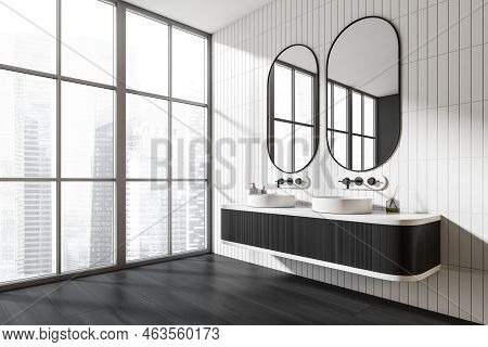 Black And White Bathroom Interior With Double Sink In The Corner. Deck With Accessories, Side View, 