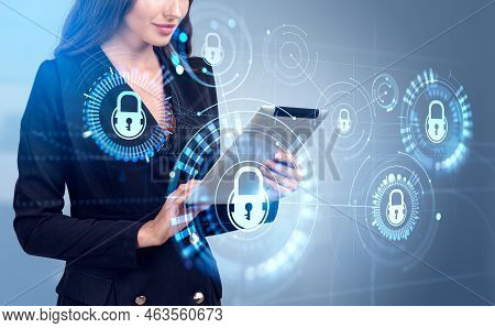 Businesswoman Smiling Working With Tablet, Double Exposure Lock Chain Hud Hologram, Glowing Circuit 