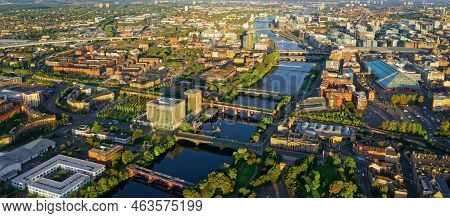 Aerial View Of The River Clyde And Glasgow City During Oncoming Storm