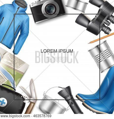 Realistic Outdoor Recreation Concept With Frame For Text Jacket Rubber Boots Canned Food Pan Pencil 
