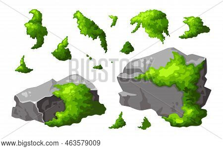 Set Forest Rock With Moss. Gray Stone Brocken In Cartoon. Mountain Part Of Natural Design Shape. Vec