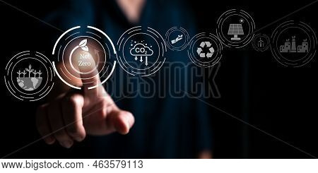 Concept Of Carbon Neutral And Net Zero. Circular Of Emissions Greenhouse And Renewable Energy. Strat