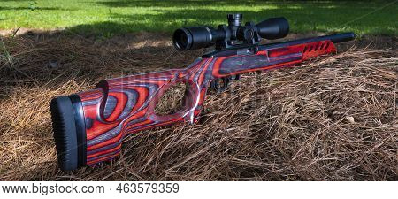 Laminated Thumbhole Stock And Scope On A Rimfire Rifle Outdoors