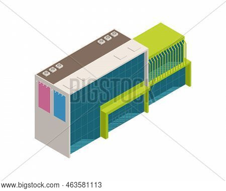 Isometric Shopping Centre Building With Glass Wall And Advertising Banners 3d Vector Illustration