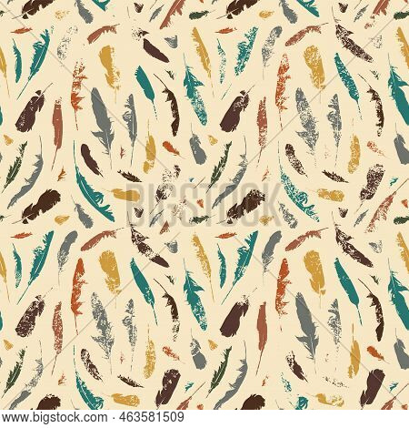 Grunge Seamless Pattern With Colored Disheveled Feathers On A Beige Backdrop. Vector Repeating Backg