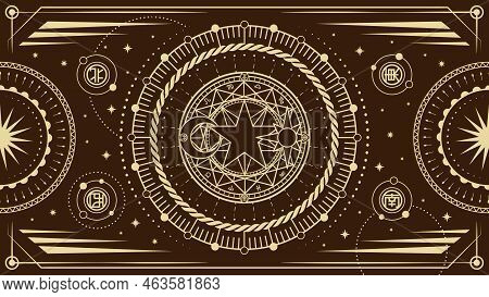 Celestial Sun Frame, Boho Circle Ornament. Bohemian Tattoo, Engraving Retro Art, Spiritual Crescent.