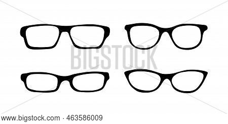 Black Doodle Fashion Eye Glasses Icon Set. Vector Cartoon Illustration. Frame Retro Eyeglasses Icons