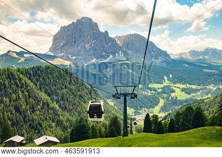 Italy 19.06.2019: Cabin Of Cable Car Lift Col Raiser Arrive To Top Of The Mountain With Place Of Res