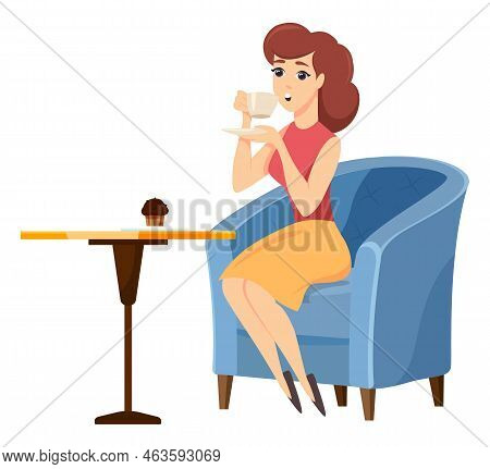 Smiling Woman Character Drinking Cup Of Coffee. Lady Sitting On Chair At Table With Java Beverage An