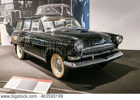 Verkhnyaya Pyshma, Russia - September 14, 2021: Black Retro Car Gaz-22 Volga In The Ummc Museum Of M