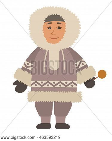 Eskimo Man Standing Alone. Indigenous North Guy With Lollypop In Hands And In Warm Clothes Like Coat