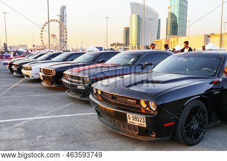 Dubai, Uae - November 15, 2018: American Muscle Cars Dodge Challenger Take Part In The Gulf Car Fest
