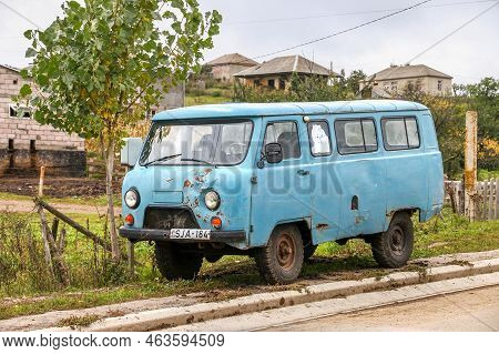 Kvemo Kartli, Georgia - October 8, 2021: Old Soviet Minibus Uaz-2206 In The Village Street.