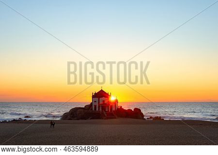 Capela Do Senhor Da Pedra At Sunset, Ocean Seascpe, Couple Walking At Beach, Miramar, Porto, Portuga
