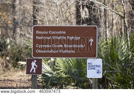 Bayou Cocodrie National Wildlife Refuge Louisiana/usa - February 4 2022: Sign Pointing To The Bayou 